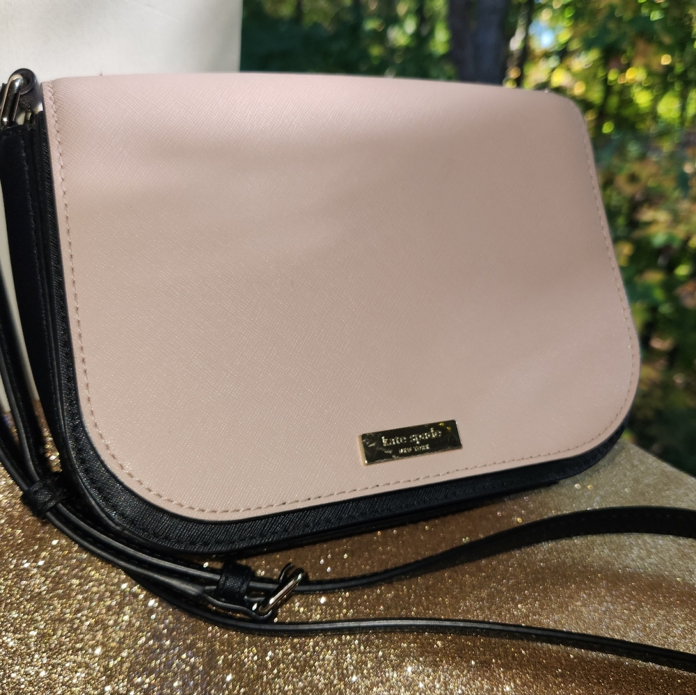 Kate Spade NY Laurel Way Lg Carsen Blush Pink/black Leather 14k Gold Plated NWOT